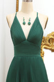 Pleated Dark Green A Line V-neck Prom Dress