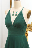 Pleated Dark Green A Line V-neck Prom Dress