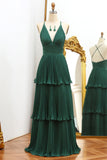 Pleated Dark Green A Line V-neck Prom Dress