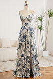 Floral A Line Spaghetti Straps Floor Length Prom Dress with Silt