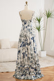 Floral A Line Spaghetti Straps Floor Length Prom Dress with Silt