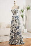 Floral A Line Spaghetti Straps Floor Length Prom Dress with Silt