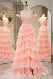 Blush Tulle A Line Corset Prom Dress with Beading