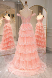 Blush Tulle A Line Corset Prom Dress with Beading