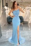 Sparkly Blue Appliques Mermaid Prom Dress with Slit