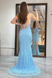 Sparkly Blue Appliques Mermaid Prom Dress with Slit