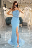 Sparkly Blue Appliques Mermaid Prom Dress with Slit