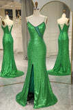 Green Sparkly Sequins Mermaid Prom Dress with Slit