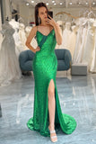 Green Sparkly Sequins Mermaid Prom Dress with Slit