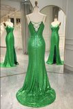 Green Sparkly Sequins Mermaid Prom Dress with Slit