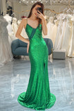 Green Sparkly Sequins Mermaid Prom Dress with Slit