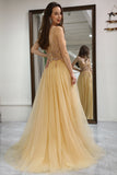 Golden Tulle A Line Corset Prom Dress with Beading