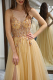 Golden Tulle A Line Corset Prom Dress with Beading