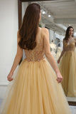 Golden Tulle A Line Corset Prom Dress with Beading