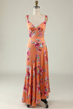 Orange Floral Asymmetrical Floral Print Bright Satin Boho Bridesmaid Dress