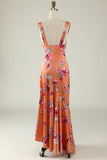 Orange Floral Asymmetrical Floral Print Bright Satin Boho Bridesmaid Dress