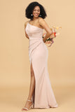 Blush Mermaid One Shoulder Satin Long Bridesmaid Dress with Slit