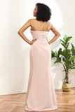 Blush Mermaid One Shoulder Satin Long Bridesmaid Dress with Slit