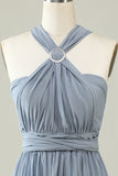 A Line One Shoulder V Neck Halter Neck Floor Length Grey Blue Bridesmaid Dress