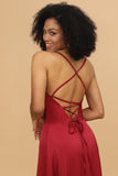 Red A Line Spaghetti Straps Floor Length Satin Bridesmaid Dress