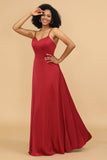 Red A Line Spaghetti Straps Floor Length Satin Bridesmaid Dress