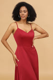 Red A Line Spaghetti Straps Floor Length Satin Bridesmaid Dress