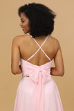 Pink Sheath/Column Spaghetti Straps Long Chiffon Bridesmaid Dress