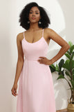 Pink Sheath/Column Spaghetti Straps Long Chiffon Bridesmaid Dress