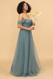 A-Line Off the Shoulder Tulle Bridesmaid Dress with Ruffles