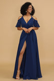 Navy A Line Cold Shoulder Chiffon Bridesmaid Dress with Slit