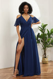 Navy A Line Cold Shoulder Chiffon Bridesmaid Dress with Slit