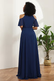 Navy A Line Cold Shoulder Chiffon Bridesmaid Dress with Slit