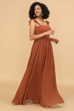 Terracotta A-Line Floor Length Chiffon Bridesmaid Dress with Ruffles