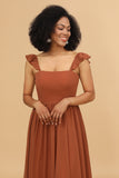 Terracotta A-Line Floor Length Chiffon Bridesmaid Dress with Ruffles