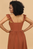 Terracotta A-Line Floor Length Chiffon Bridesmaid Dress with Ruffles