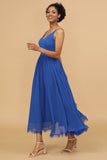 Royal Blue A Line Spaghetti Straps Long Chiffon Bridesmaid Dress with Ruffles