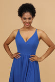 Royal Blue A Line Spaghetti Straps Long Chiffon Bridesmaid Dress with Ruffles