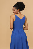 Royal Blue A Line Spaghetti Straps Long Chiffon Bridesmaid Dress with Ruffles