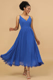 Royal Blue A Line Spaghetti Straps Long Chiffon Bridesmaid Dress with Ruffles