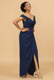 Navy Sheath/Column Off The Shoulder Satin Bridesmaid Dress