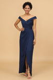 Navy Sheath/Column Off The Shoulder Satin Bridesmaid Dress