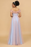 Pink&Blue A Line Spaghetti Straps Tulle Long Bridesmaid Dress