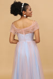 Pink&Blue A Line Spaghetti Straps Tulle Long Bridesmaid Dress