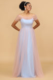 Pink&Blue A Line Spaghetti Straps Tulle Long Bridesmaid Dress