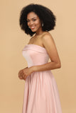 Blush Pink A Line Strapless Satin Long Bridesmaid Dress