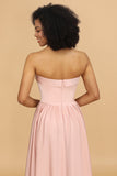 Blush Pink A Line Strapless Satin Long Bridesmaid Dress