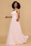 Pink A Line Spaghetti Straps Chiffon Long Bridesmaid Dress