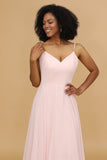 Pink A Line Spaghetti Straps Chiffon Long Bridesmaid Dress