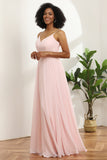 Pink A Line Spaghetti Straps Chiffon Long Bridesmaid Dress