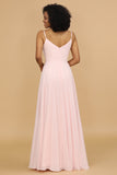 Pink A Line Spaghetti Straps Chiffon Long Bridesmaid Dress